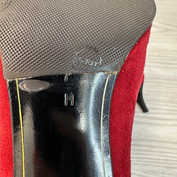 Anne Klein Suede Pumps WMNS 7 Red & Black Two-Tone Heels with Gold Button Detail - Picture 9 of 10